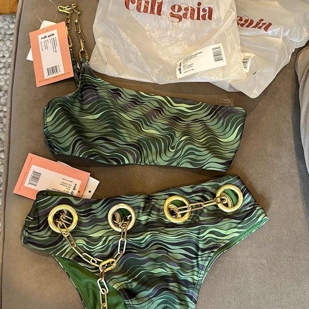 Cult Gaia Jianna bikini set (one shoulder top & belted bottom) both XS basil